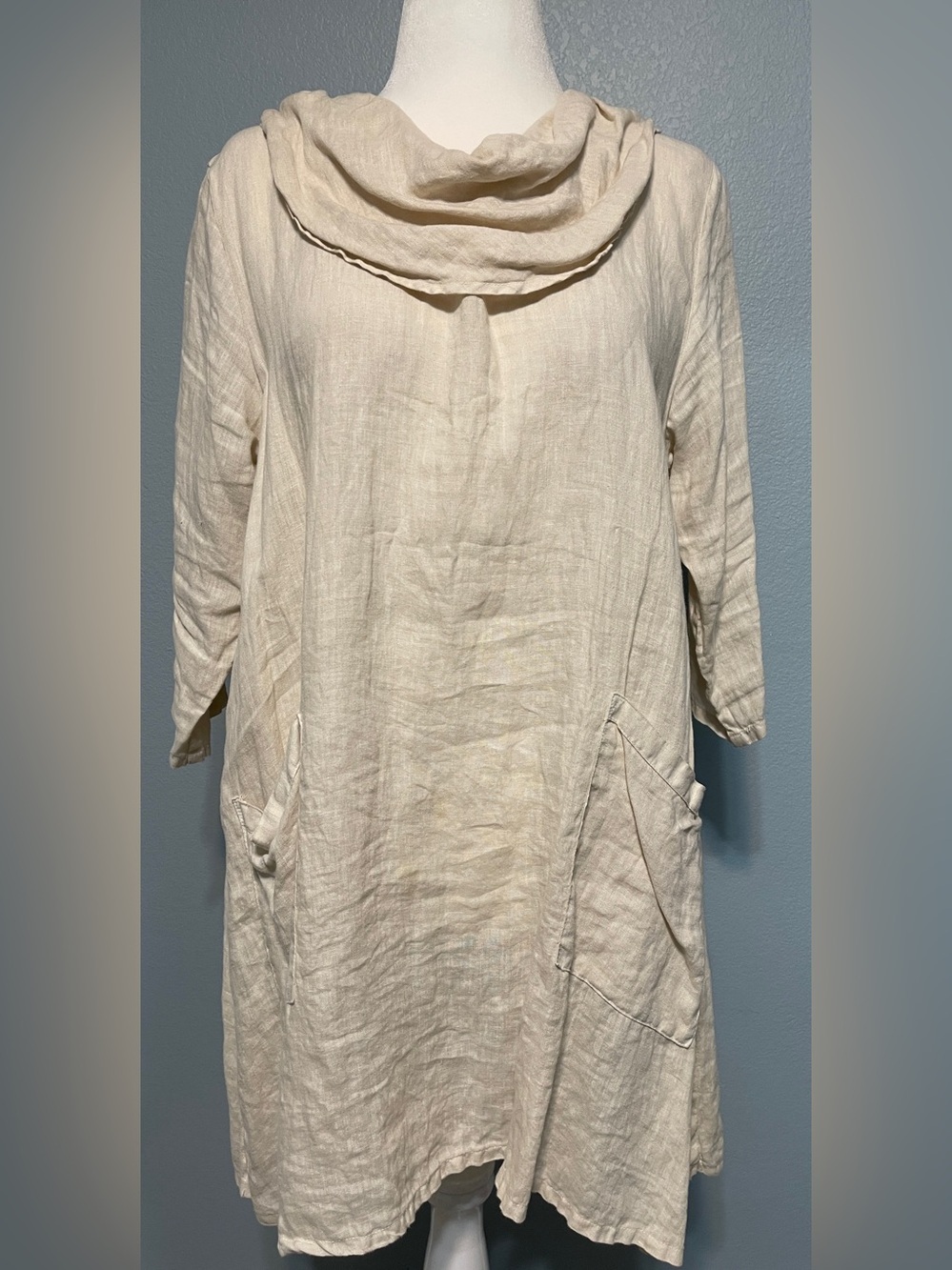 Match Point Linen Tunic Dress Cream Cowl Neck Lagenlook Pockets Oversized Medium
